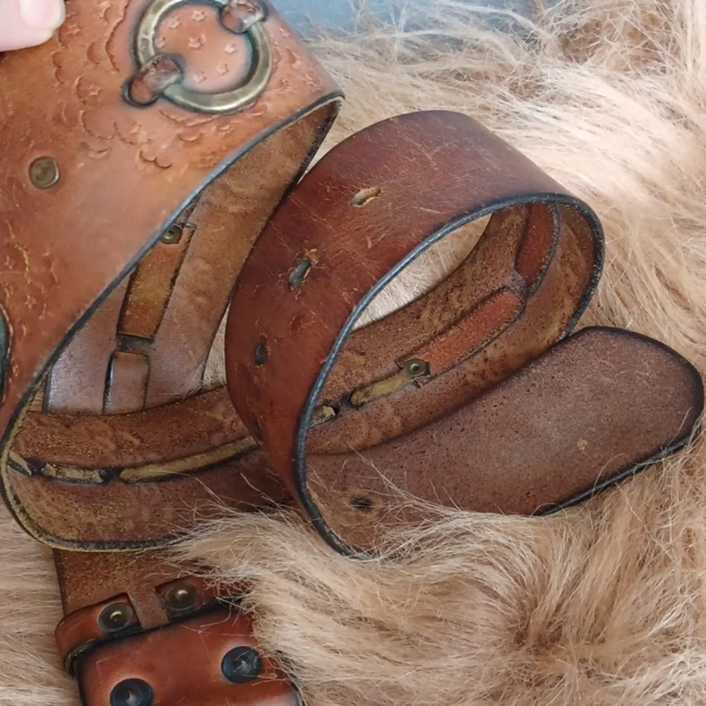 Vintage Chunky Distresed Brown Leather Belt with Brass Accents